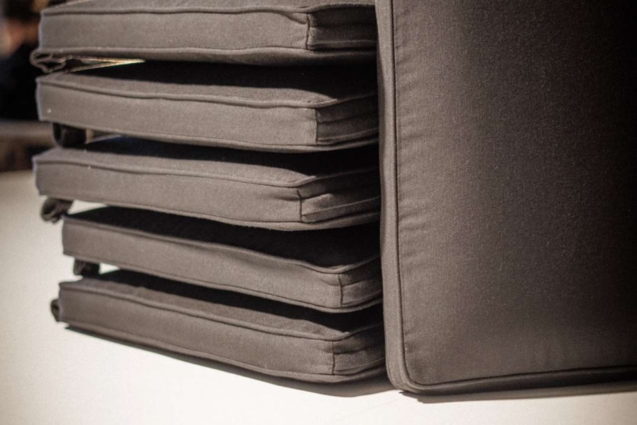 Handcrafted cushions for Hervé Baume outdoor furniture.