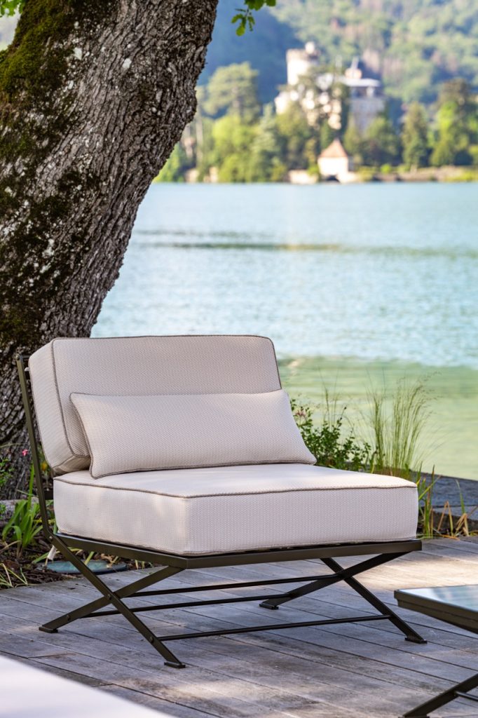 Hervé Baume wrought-iron outdoor furniture by Lake Annecy.