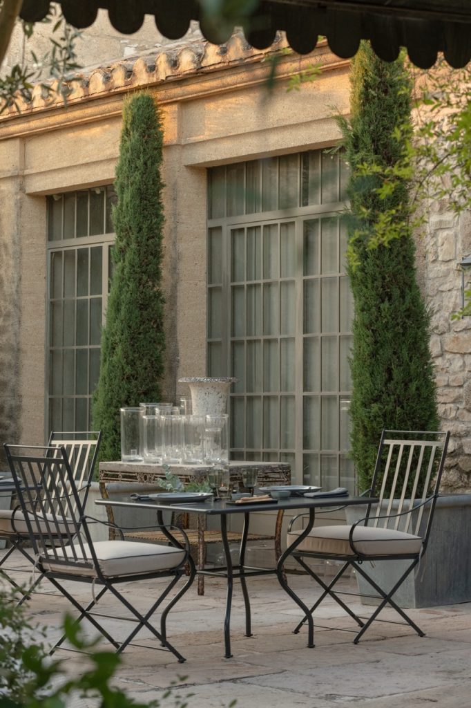 Hervé Baume wrought-iron dining armchair and table, HB12 Lattes Collection.