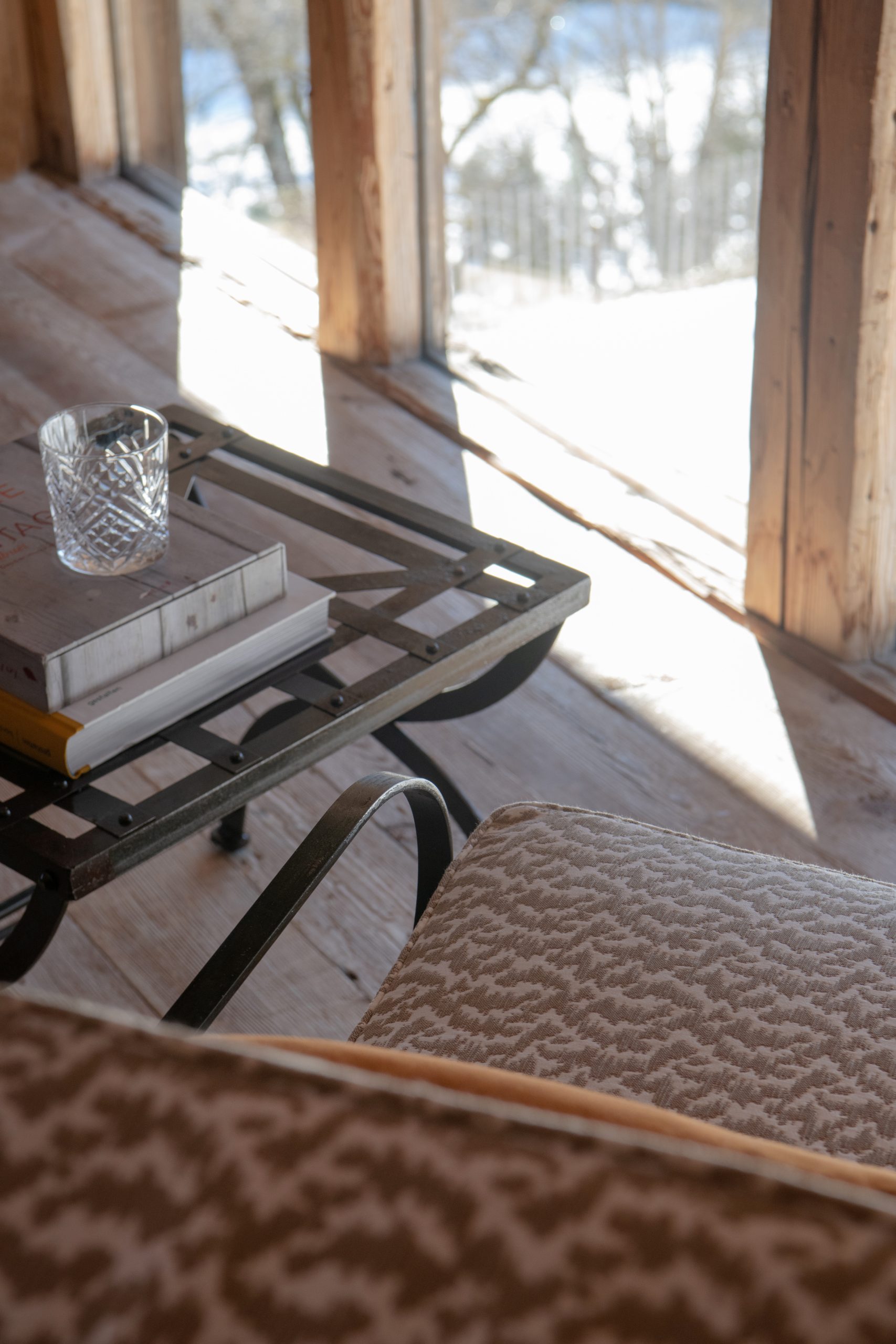 Fabric detail on Hervé Baume HB6 Antique Collection wrought-iron armchairs, Ferme du Passieu.