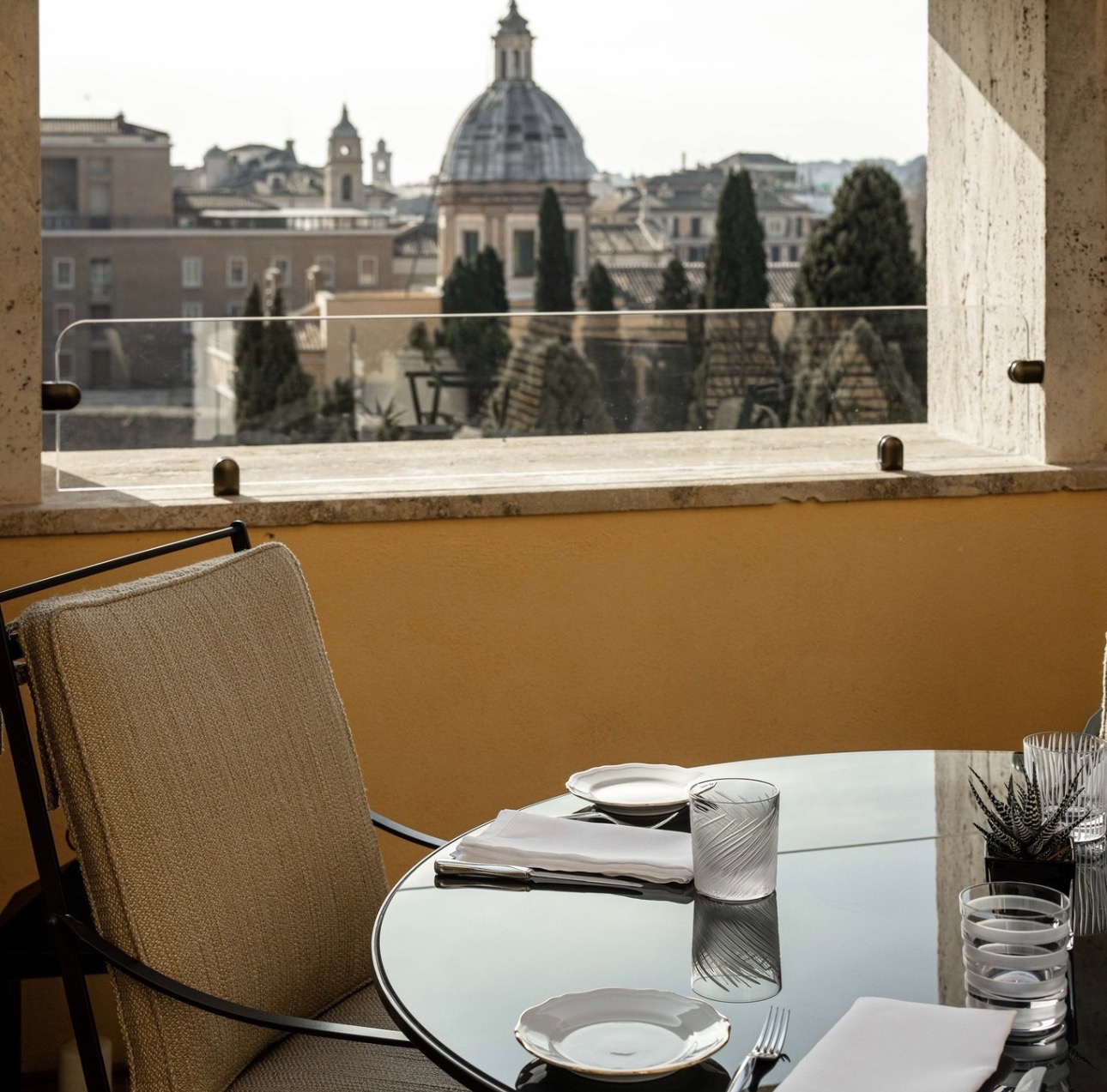 Details – Hervé Baume wrought-iron furniture, Bvlgari Hotel Roma – HB12 chairs and HB30 tables.