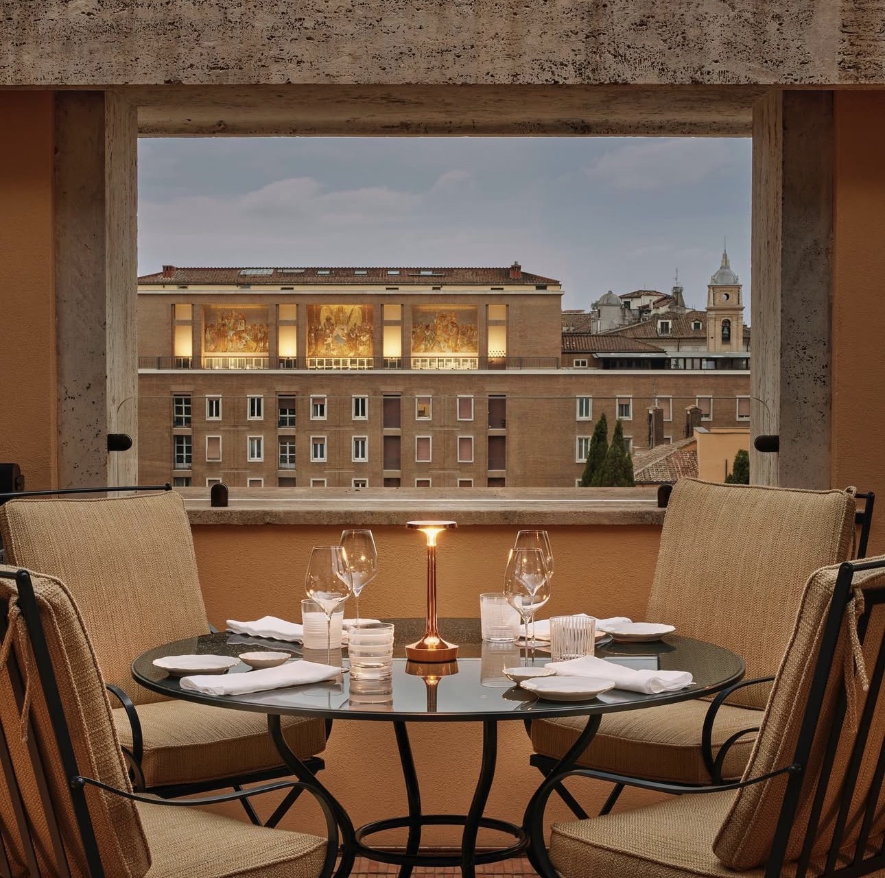 Hervé Baume wrought-iron terrace furniture, Bvlgari Hotel Roma – HB12 chairs and HB30 tables.
