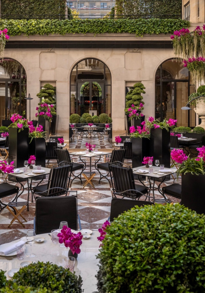 Hervé Baume wrought-iron furniture, HB3 Lattes Collection, terrace of the Four Seasons Hotel George V, Paris.