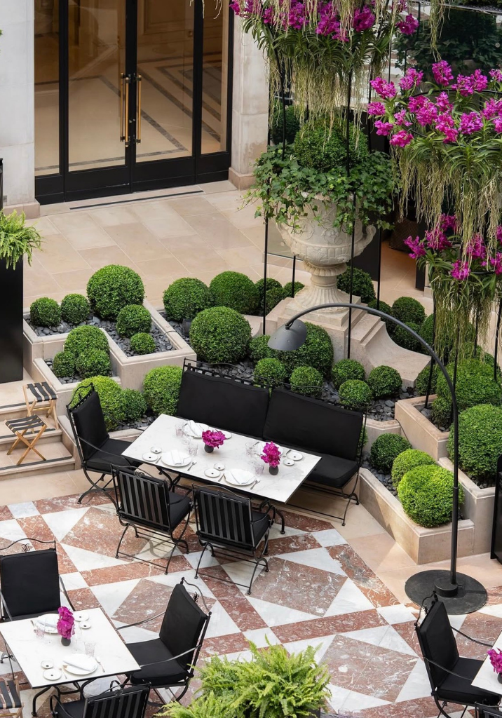 Hervé Baume HB3 Lattes Collection wrought-iron furniture on the terrace of Four Seasons Hotel George V, Paris.