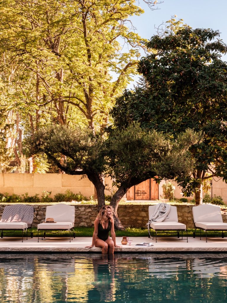 Hervé Baume wrought-iron sun loungers by the pool, Mas de Chabran.