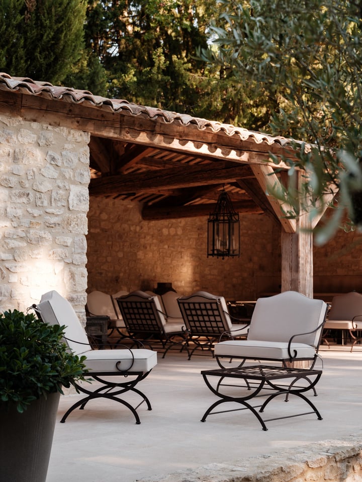 Hervé Baume wrought-iron garden furniture on the terrace, Mas de Chabran.