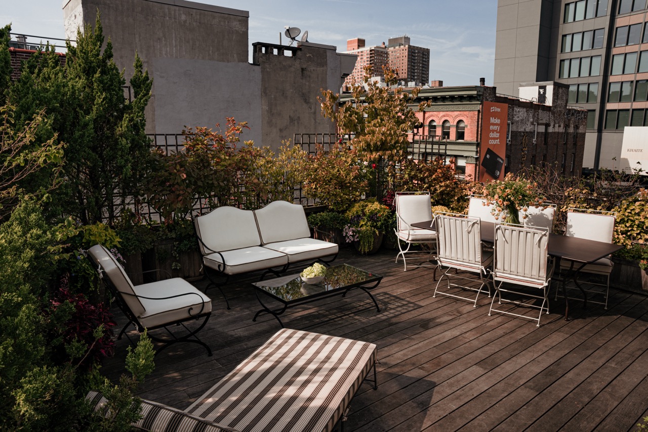 Hervé Baume wrought-iron outdoor lounge furniture on a New York rooftop.