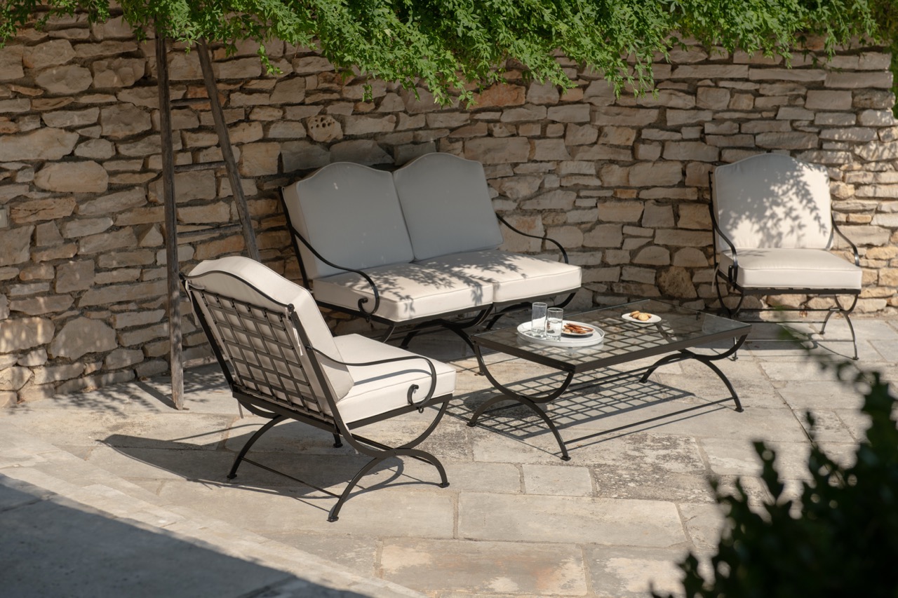 Hervé Baume HB1 Quadrillage Collection wrought-iron outdoor lounge furniture.