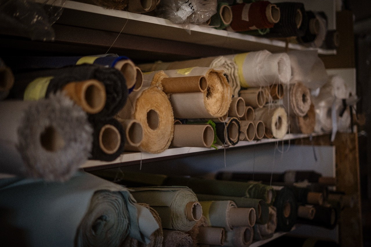 Selected fabric rolls for crafting Hervé Baume outdoor furniture cushions.