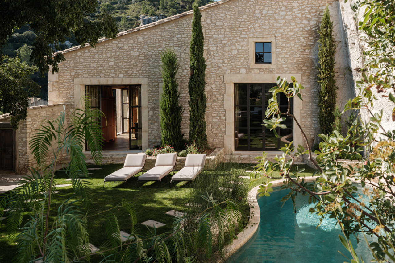 Hervé Baume wrought-iron poolside daybeds, Mas de Calabrun.